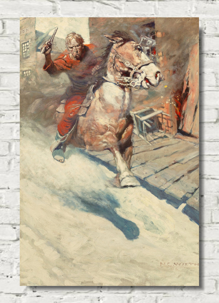 Mr. Cassidy … Saw a crimson rider sweep down upon him … Heralded by a blazing .41 (1906)  by N. C. Wyeth