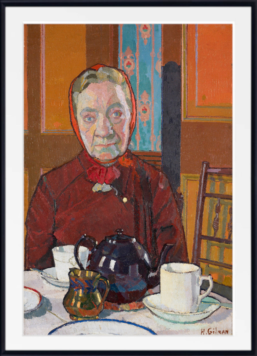 A framed portrait painting of an elderly woman wearing a red bonnet and dark red dress, seated at a table with a teapot, cups, and saucers. The artwork is shown within a white mat and black frame.