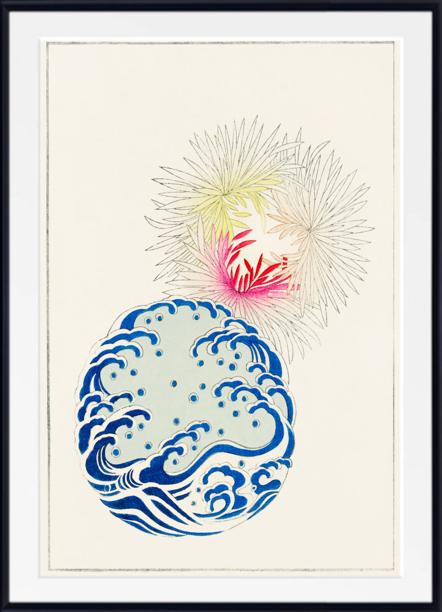 A framed art print featuring a Japanese-style illustration with a blue wave patterned circle and two white fireworks with yellow and pink centers on an off-white background, enclosed in a black frame with a white mat.