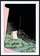 A framed Japanese-style art print featuring a dark black background, a pink border, a patterned green textile, white grass-like lines, and a small beige object on a blue water surface.