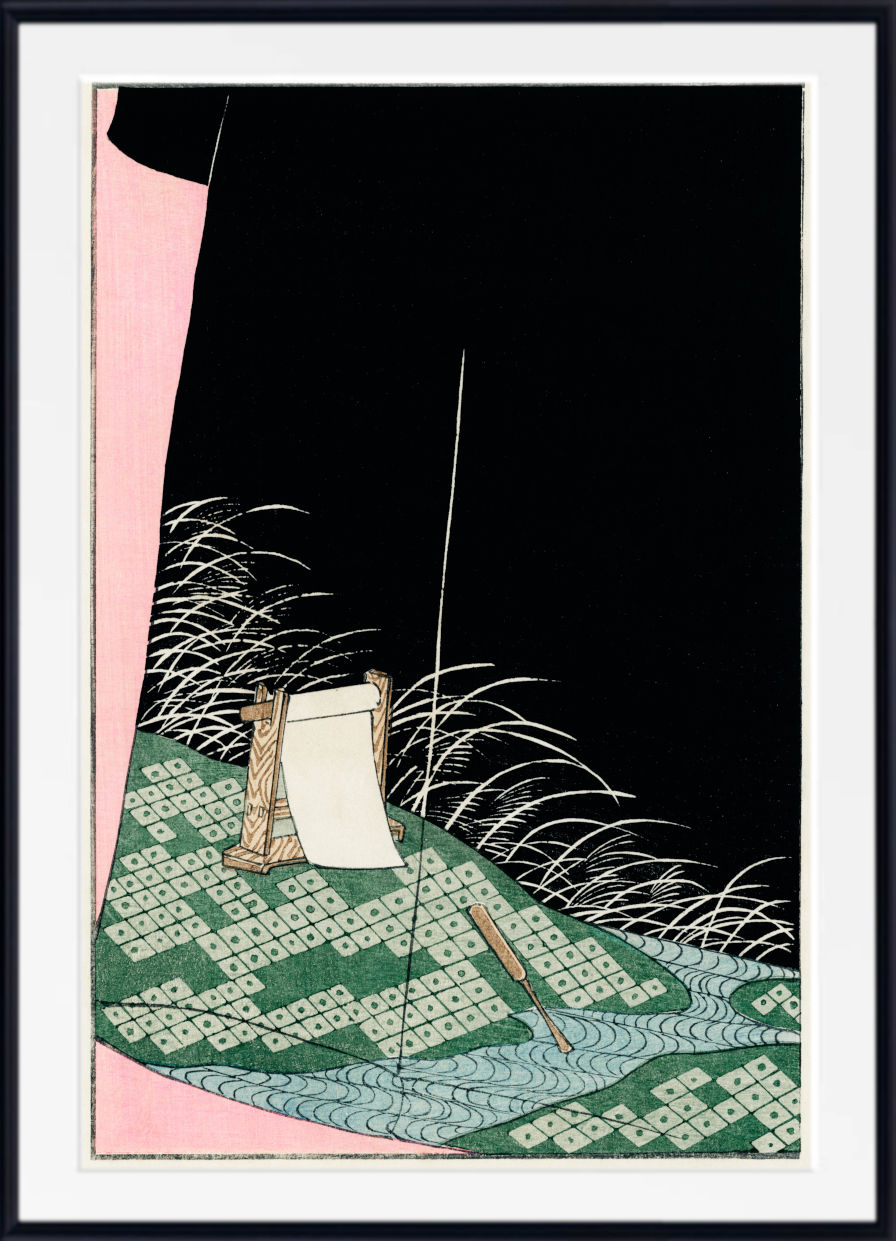 A framed Japanese-style art print featuring a dark black background, a pink border, a patterned green textile, white grass-like lines, and a small beige object on a blue water surface.