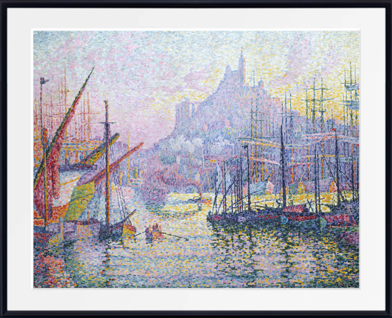 Impressionist-style framed artwork showing a harbor scene with tall sailing ships, boats, water, and a pale sky with a distant castle or church. The print is presented with a white mat and black frame.