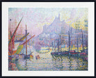 Impressionist-style framed artwork showing a harbor scene with tall sailing ships, boats, water, and a pale sky with a distant castle or church. The print is presented with a white mat and black frame.