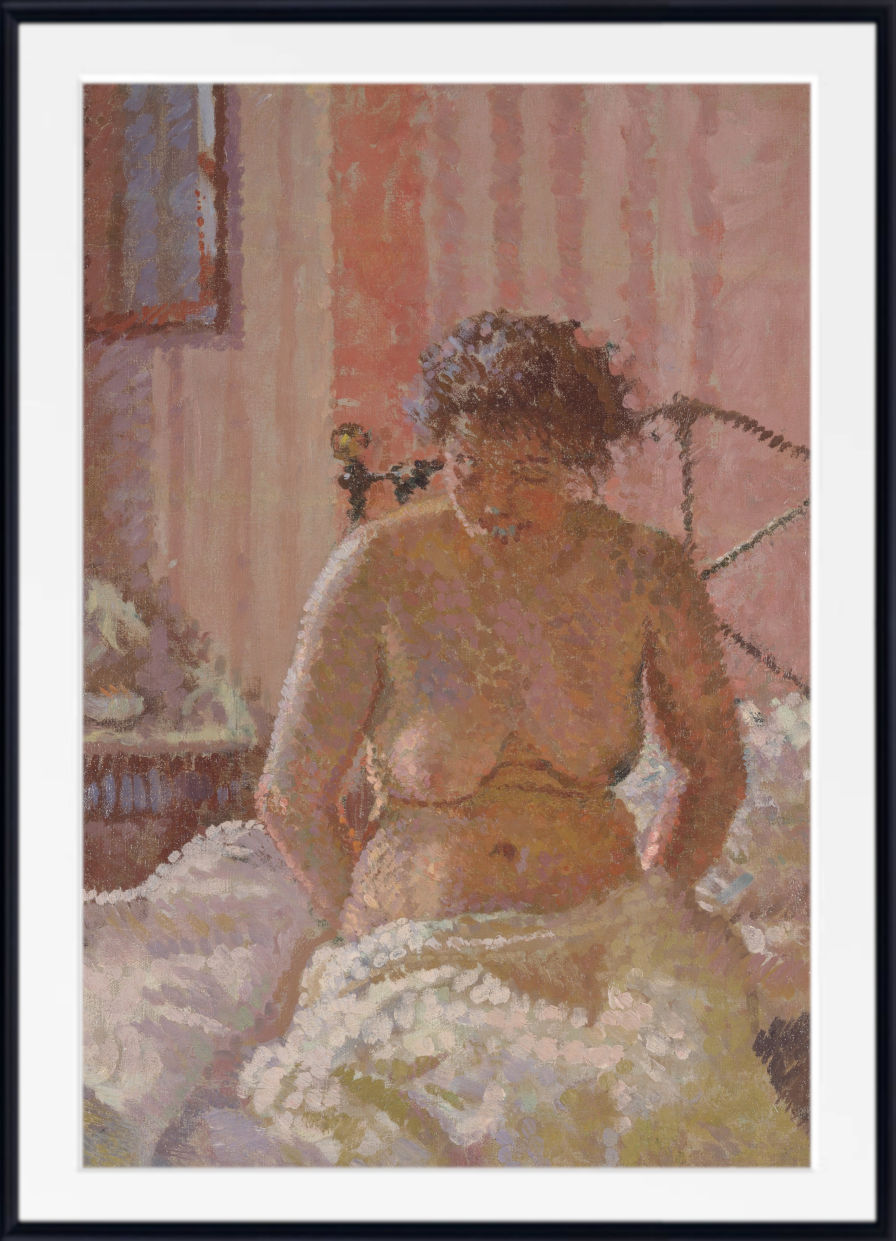 A framed art print featuring an impressionist painting of a nude woman sitting on a bed in a bedroom, with a black frame and white mat border.