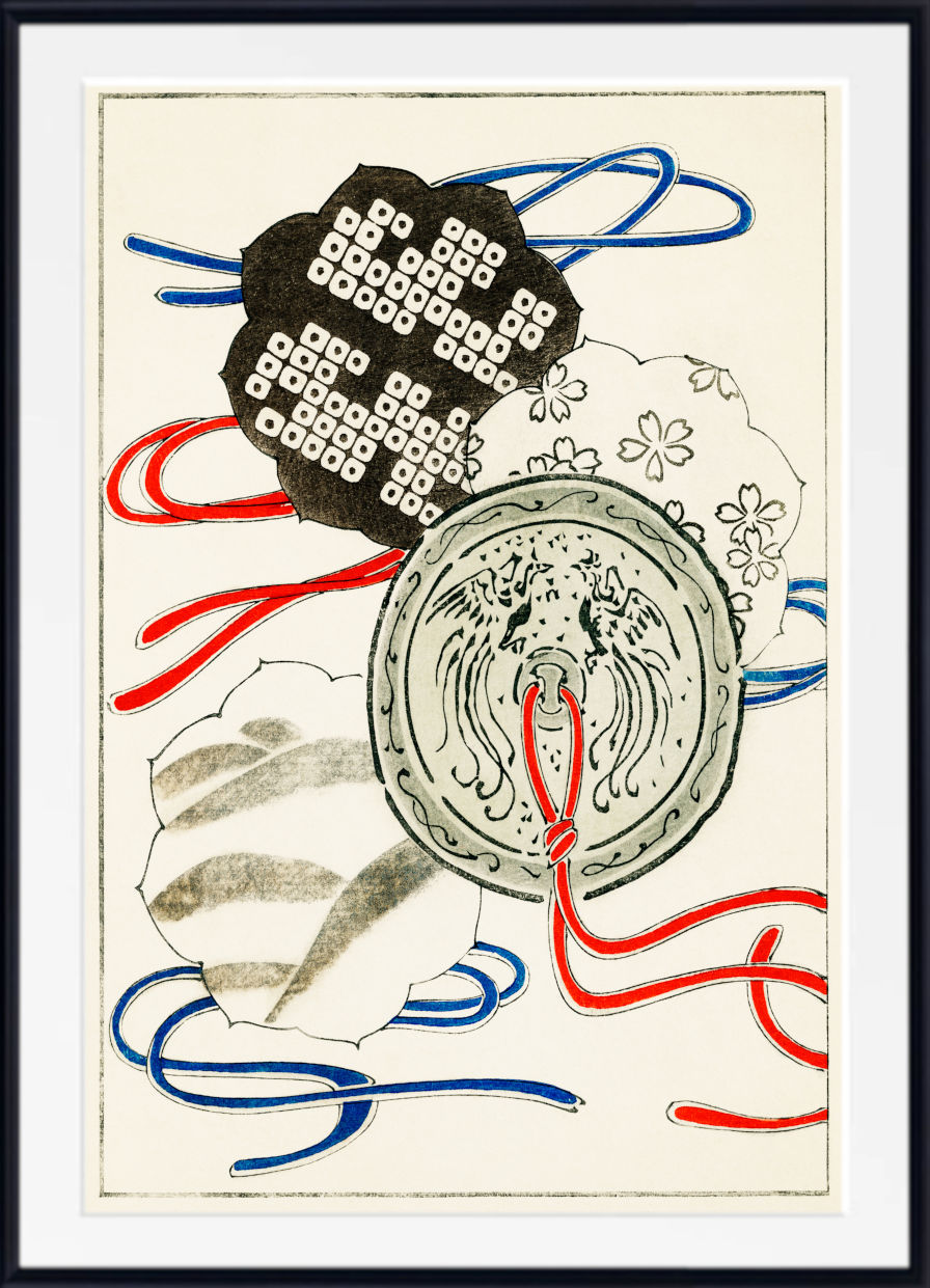 An abstract art print featuring a central circular medallion with a face motif, a black patterned cloud shape, and flowing red and blue lines on an off-white background, framed with a white mat and black frame.
