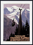 A framed vintage-style travel poster showing a mountain ski lift with a gondola, snowy peaks, evergreen trees, and French text reading 'Funiculaire Chamonix - Planpraz Le Brevent' and '2000 m d'altitude FACE AU MONT-BLANC.'.