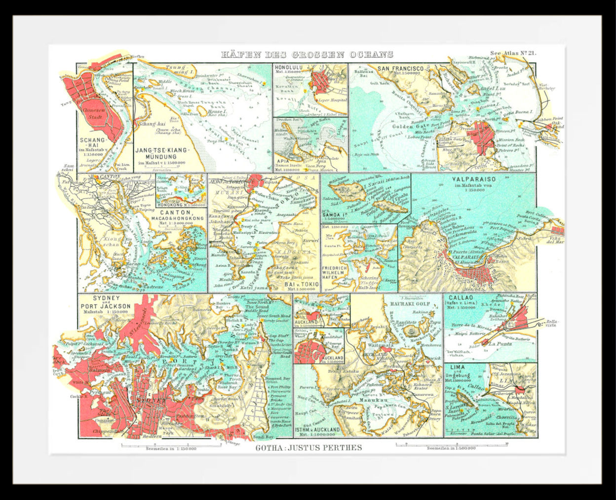 A framed vintage-style map print titled 'NORTHER JUTTER PENTICS' depicting the northern seas and surrounding regions, with pale blue water, cream landmasses, and red highlighted areas, shown against a white mat and black frame.