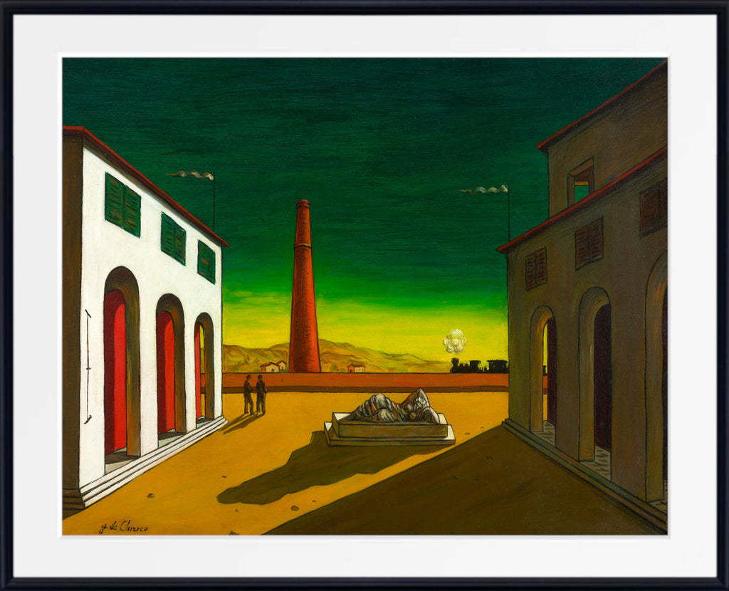 Painting of a town square with tower in background by Giorgio de Chirico