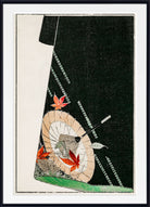 A framed Japanese-style art print featuring a dark black garment with a beige parasol decorated with red-orange maple leaves, set against a cream background with a black frame and white mat.
