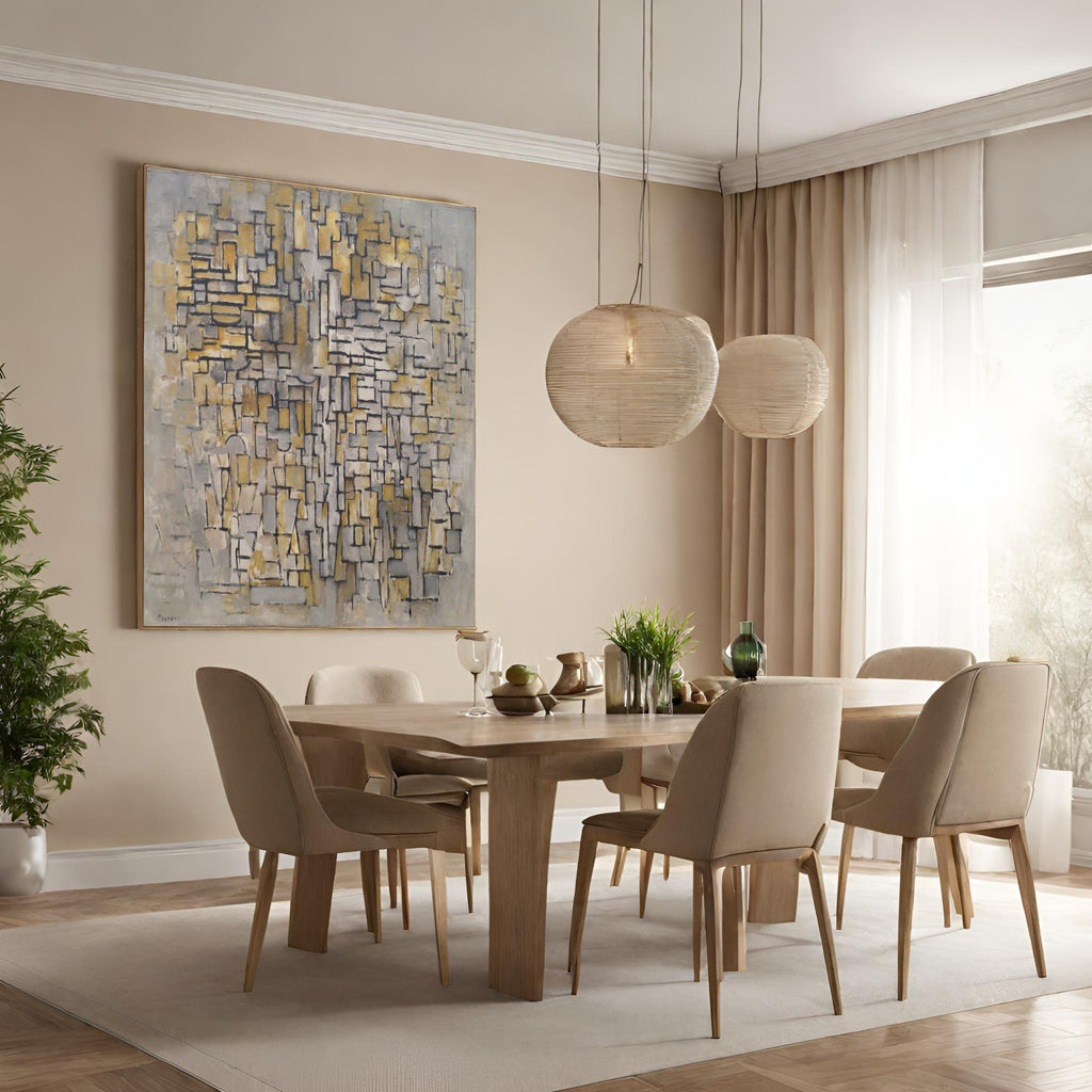 Neutral Dining Room with Piet Mondrian Abstract Canvas Panel
