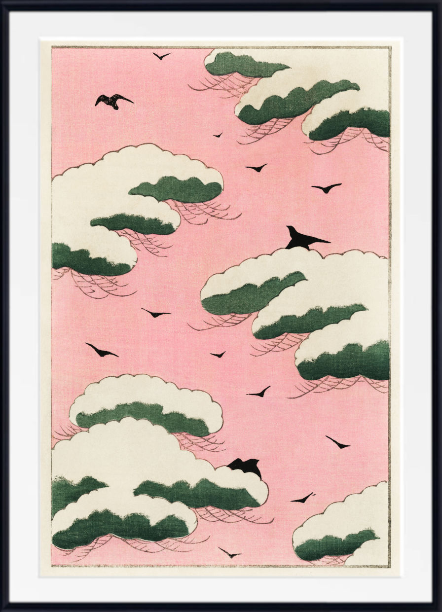 A framed art print featuring a Japanese-style design with a pink sky, cream and green clouds, and black birds, presented in a black frame with a white mat.