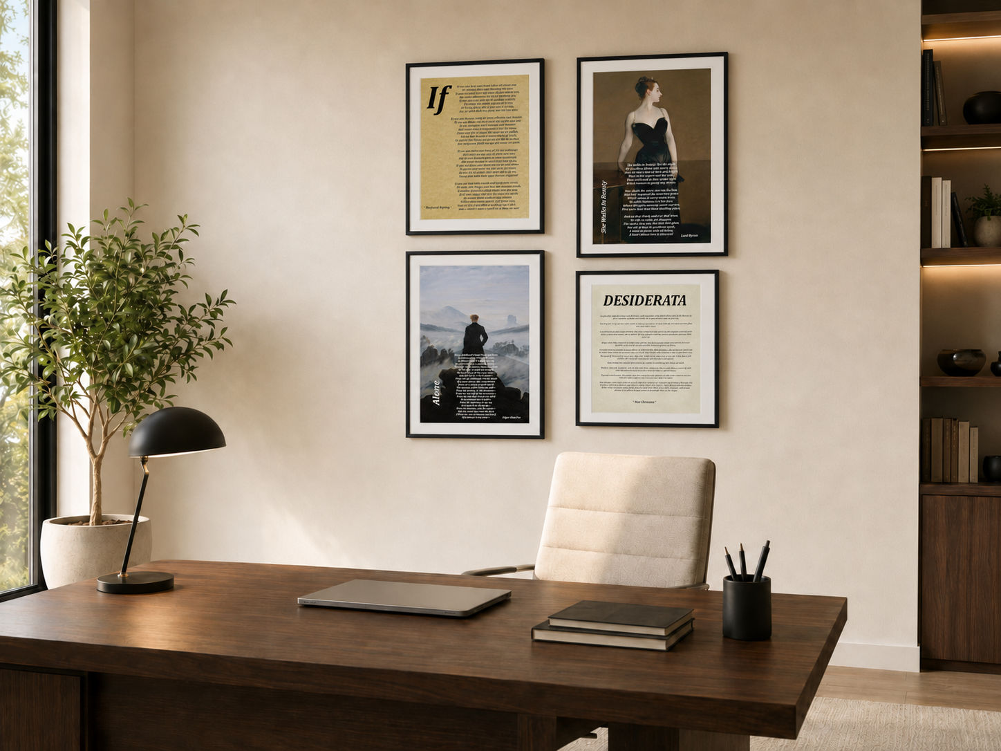 Four framed poetry prints with black frames are displayed on a beige wall above a wooden desk in a modern office setting. GalleryThane fine art prints