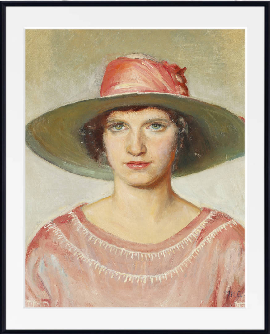 Michael Ancher Print, Girl in a pink dress, straw hat with pink ribbon