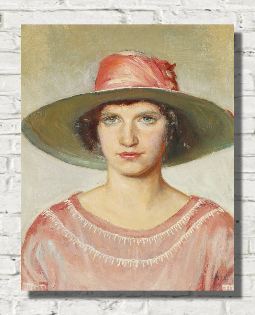 Michael Ancher Print, Girl in a pink dress, straw hat with pink ribbon