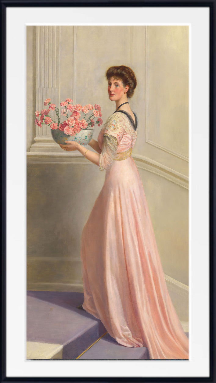 John Collier Print, Portrait of a lady in pink carrying a bowl of pink carnations