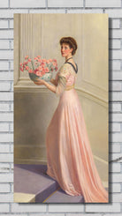 John Collier Print, Portrait of a lady in pink carrying a bowl of pink carnations