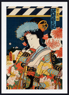 A framed Japanese ukiyo-e woodblock print featuring a woman in an ornate floral robe against a dark blue background with large chrysanthemum flowers and vertical Japanese text.