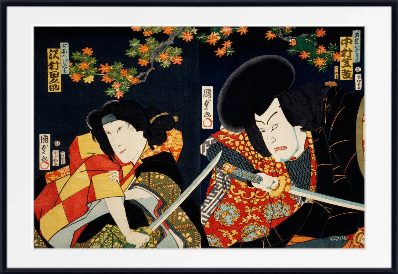 A framed Japanese ukiyo-e woodblock print showing two figures in ornate red and black garments under orange autumn leaves against a dark background, with a white mat and black frame.