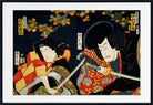 A framed Japanese ukiyo-e woodblock print showing two figures in ornate red and black garments under orange autumn leaves against a dark background, with a white mat and black frame.