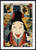 A framed Japanese ukiyo-e woodblock print featuring a stylized performer or kabuki actor face with a black hat, red clothing, blue waves, and gold calligraphy elements on a white mat and black frame.