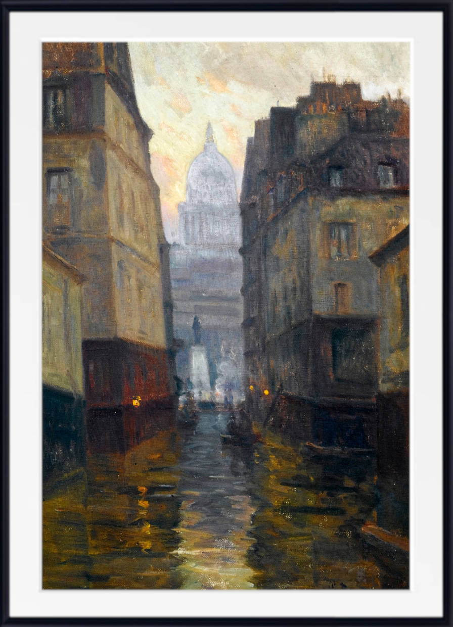 Germain Bonneton Print, Rue du Haut-Pavé towards Place Maubert (floods of 1910)