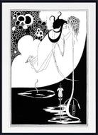 Framed black and white Art Deco style illustration featuring a stylized woman in flowing lines, a large crescent moon, abstract cloud-like forms, and a small figure near reflective water at the bottom.