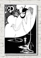 A black and white Art Deco style poster print featuring an elegant woman in profile against a large crescent moon, hanging on a white brick wall.