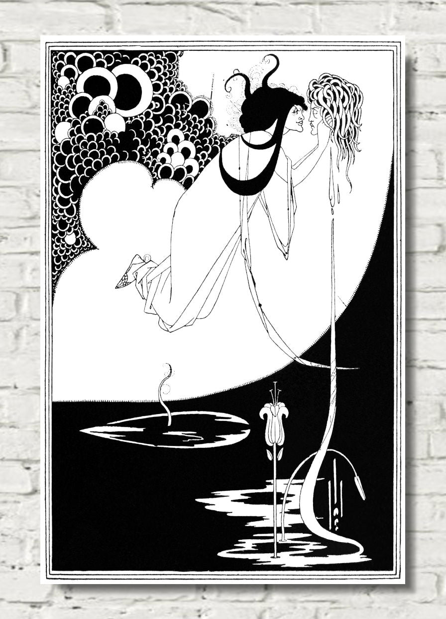A black and white Art Deco style poster print featuring an elegant woman in profile against a large crescent moon, hanging on a white brick wall.