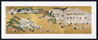 A framed Japanese-style artwork showing a detailed scene with many small figures, buildings, trees, and landscape elements on a gold-toned background, presented with a white mat and black frame.