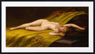 A framed classical painting depicting a reclining nude woman on a yellow draped bed, shown against a dark background with a white mat and black frame. Seduction, Luis Ricardo Falero Fine Art Print