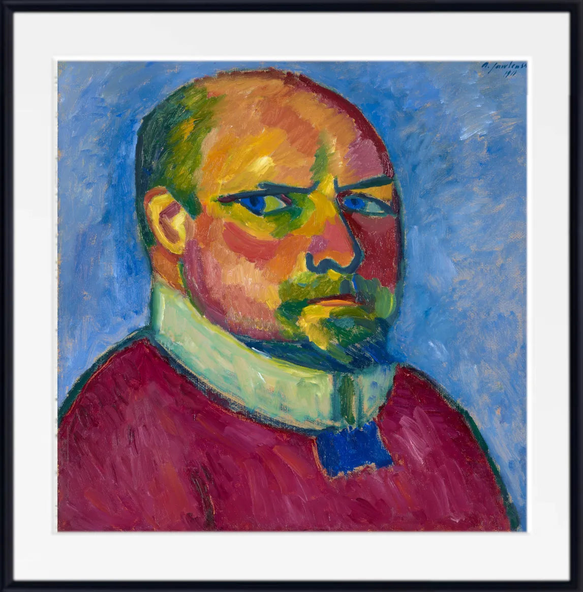 Framed portrait painting of a man with a bald head, green hair, and a beard, wearing a red shirt and white collar against a blue background, shown in a black frame with white mat.  Alexej von Jawlensky, Self Portrait (1911)