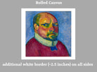 A product graphic showing a rolled canvas print of an expressionist portrait painting. The text at the top reads 'Rolled Canvas' and the text at the bottom explains that an additional white border of approximately 2.  Alexej von Jawlensky, Self Portrait (1911)