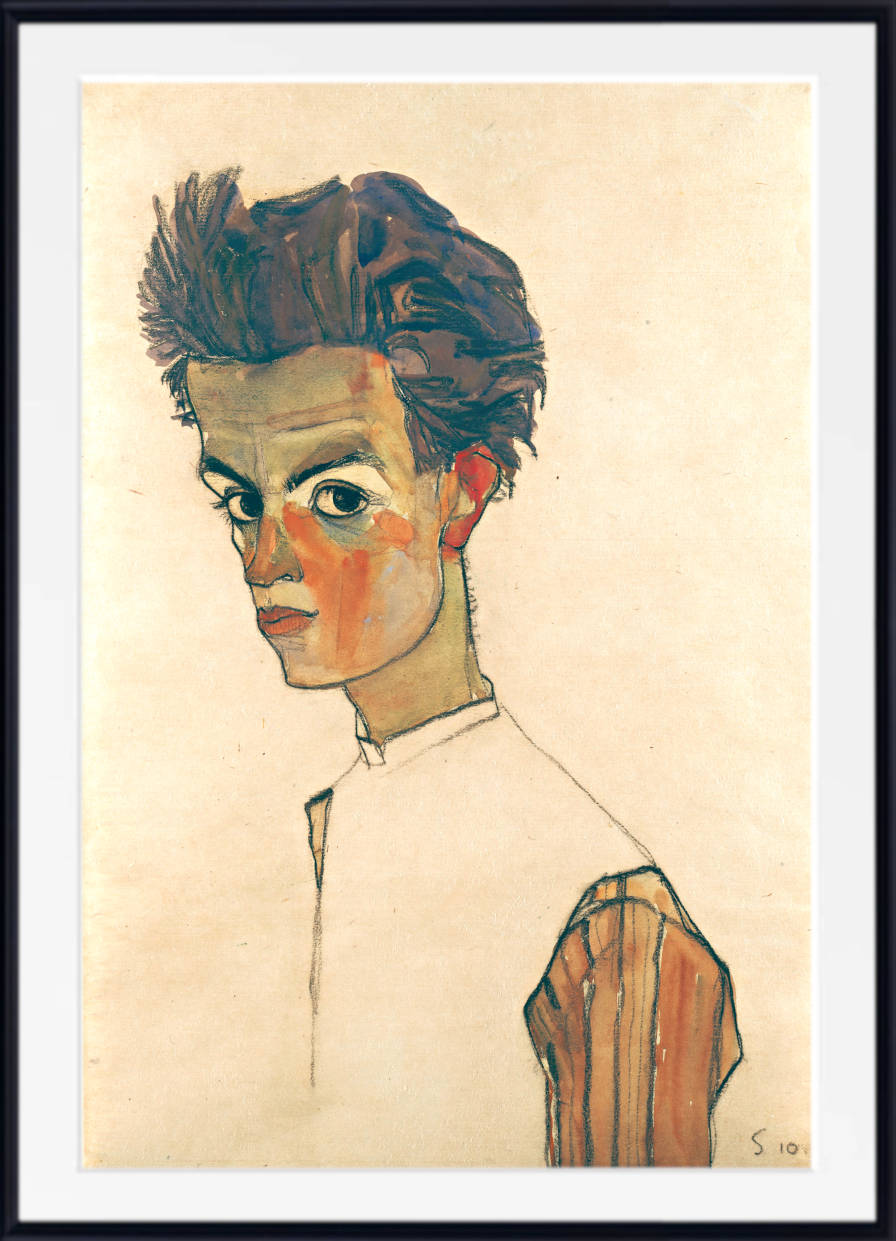 Egon Schiele Fine Art Print, Self Portrait Striped Shirt