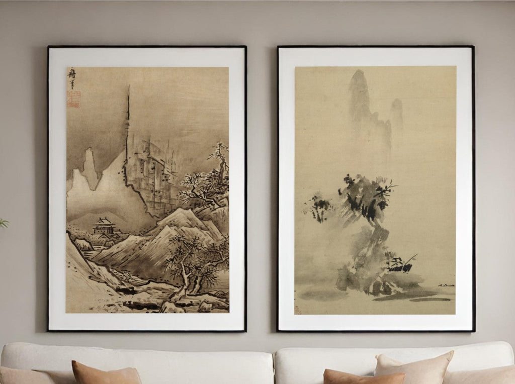 Living room Decor,Japanese Wall art, set of 2 Sesshu Toyo Prints