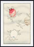 A framed art print featuring a Japanese-style illustration of seashells and coral on a textured off-white background, enclosed in a white mat and a black frame.
