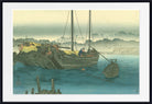 A framed Japanese-style art print depicting a harbor scene with traditional boats on blue water, a pale sky, and distant landforms. The print is shown with a white mat and a black frame.