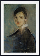 A framed portrait painting of a woman with a dark hat and dark coat against a muted blue-green background, shown with a white mat and black frame.