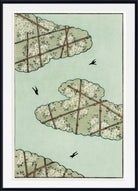 A framed Japanese-style art print featuring three cloud-like floral forms with bamboo lattice patterns on a pale green background, with small black birds and a white mat border.