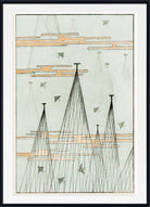 An abstract art print featuring minimalist black line drawings of mountain peaks and kites against a pale greenish-gray background, framed with a white mat and a black frame.