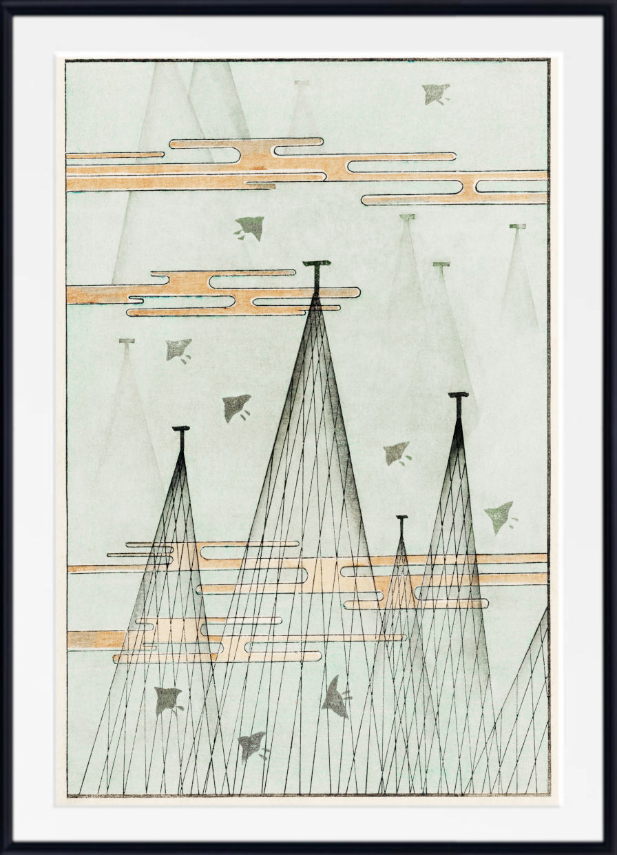 An abstract art print featuring minimalist black line drawings of mountain peaks and kites against a pale greenish-gray background, framed with a white mat and a black frame.