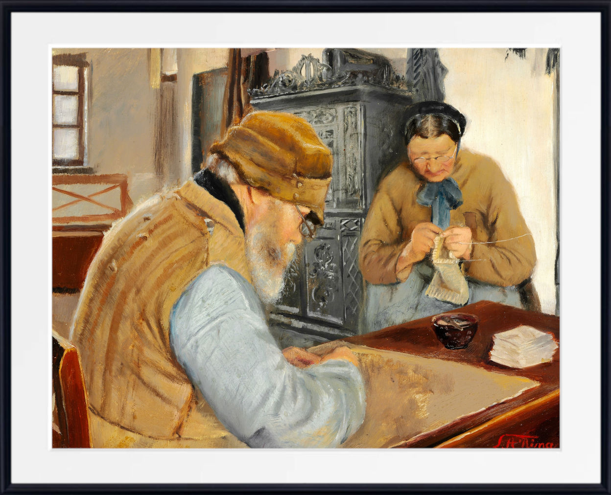 A framed painting depicting an elderly bearded man in a brown hat sitting at a table, looking down as a woman knits at the opposite end of the table. The artwork is presented with a white mat and a black frame.