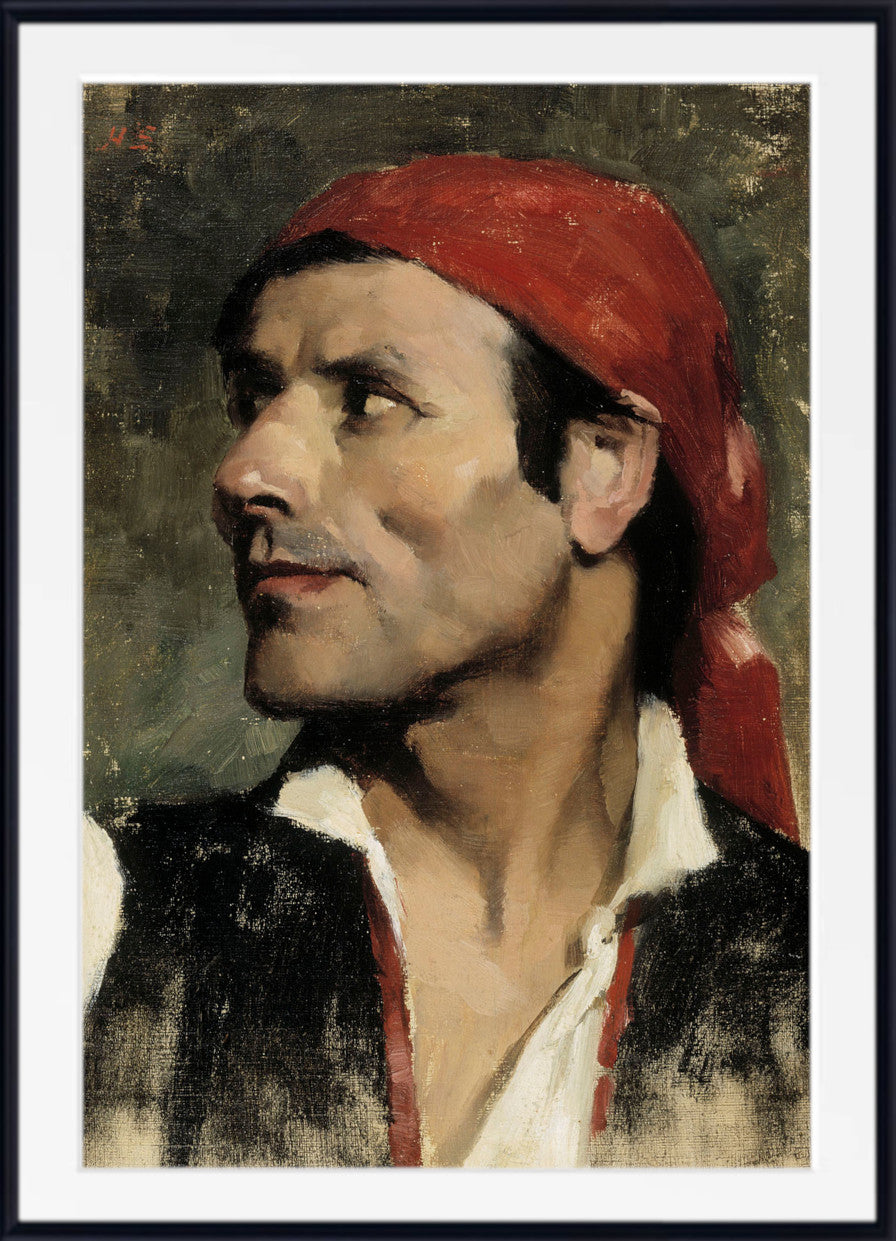 A framed portrait painting of a man in profile wearing a red headscarf and dark jacket over a white shirt, shown against a muted olive background with a white mat and black frame.