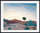 A framed landscape painting featuring a desert-like scene with rolling hills, a lone tree, blue-green plants, and a pale sky, shown with a white mat and black frame.