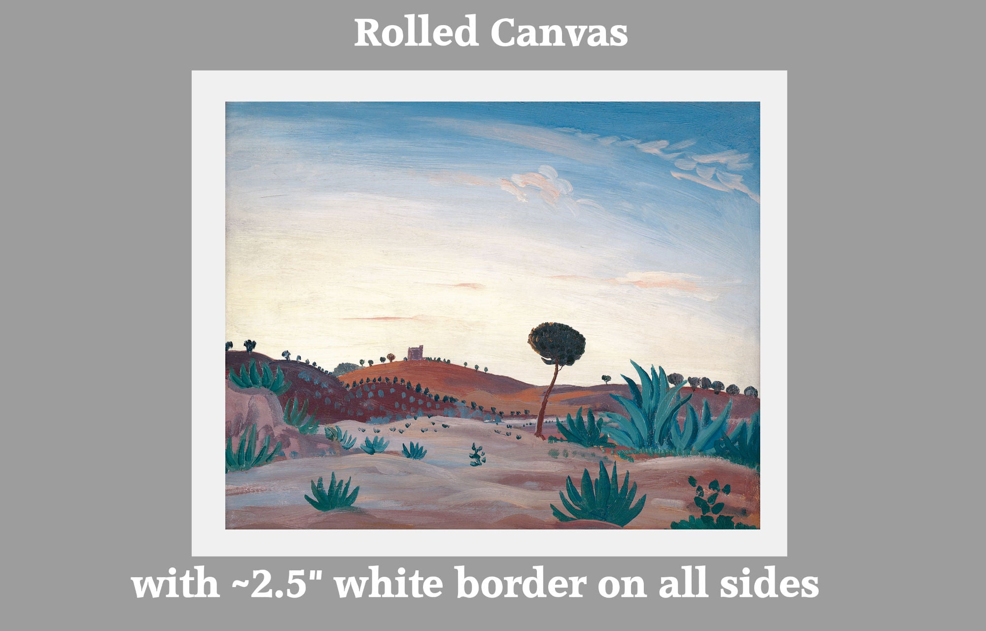 A landscape canvas print shown with text reading 'Rolled Canvas' at the top and 'with ~2.5" white border on all sides' at the bottom, on a gray background.