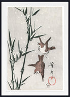 A framed Japanese-style art print featuring two small brown birds near bamboo on a light textured background, with black calligraphy and a red seal in the lower right. The print is shown with a white mat and black frame.