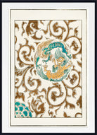 Framed art print featuring a central golden dragon surrounded by teal waves, set against an off-white background with an intricate brown scrollwork pattern, enclosed in a white mat and black frame.