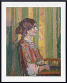 An impressionist-style portrait painting of a woman in profile, shown within a white mat and black frame. The artwork features vertical green and yellow striped background elements and a woman wearing a red and lavender dress.