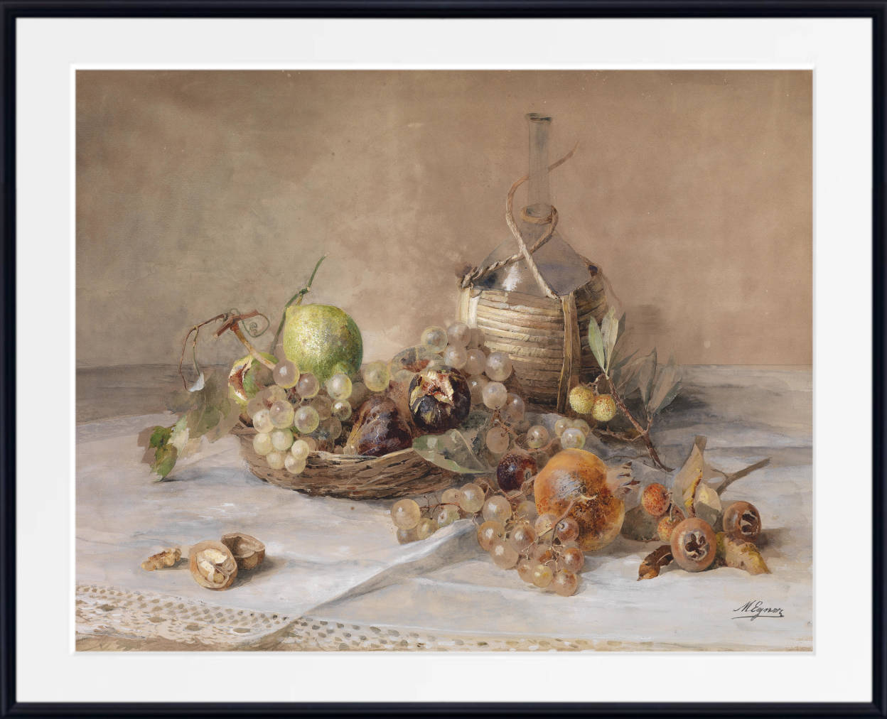 Marie Egner Print, Still life with fruit and Chianti bottle