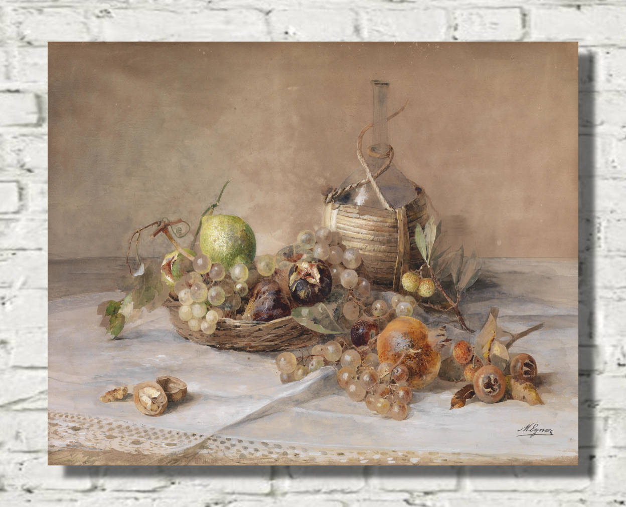 Marie Egner Print, Still life with fruit and Chianti bottle