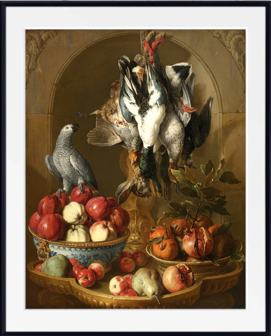 Alexandre Desportes Print, Still life with game trophy, fruit and parrot on a niche background